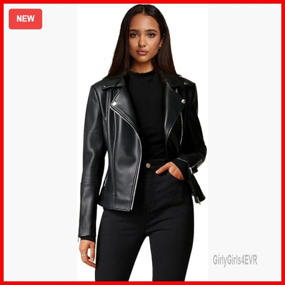 Slim Fit Faux Leather Motorcycle Jacket Long Sleeve Zipper Pockets